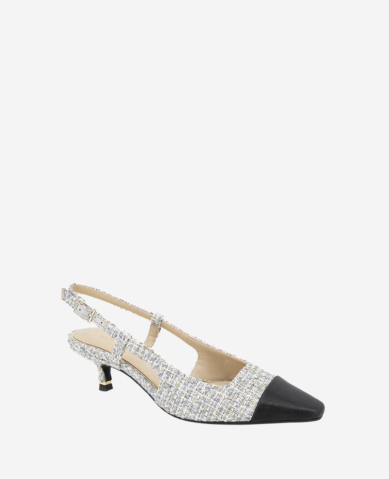 Martha Tweed Cap Toe Slingback Kitten Heel Grey Fabric