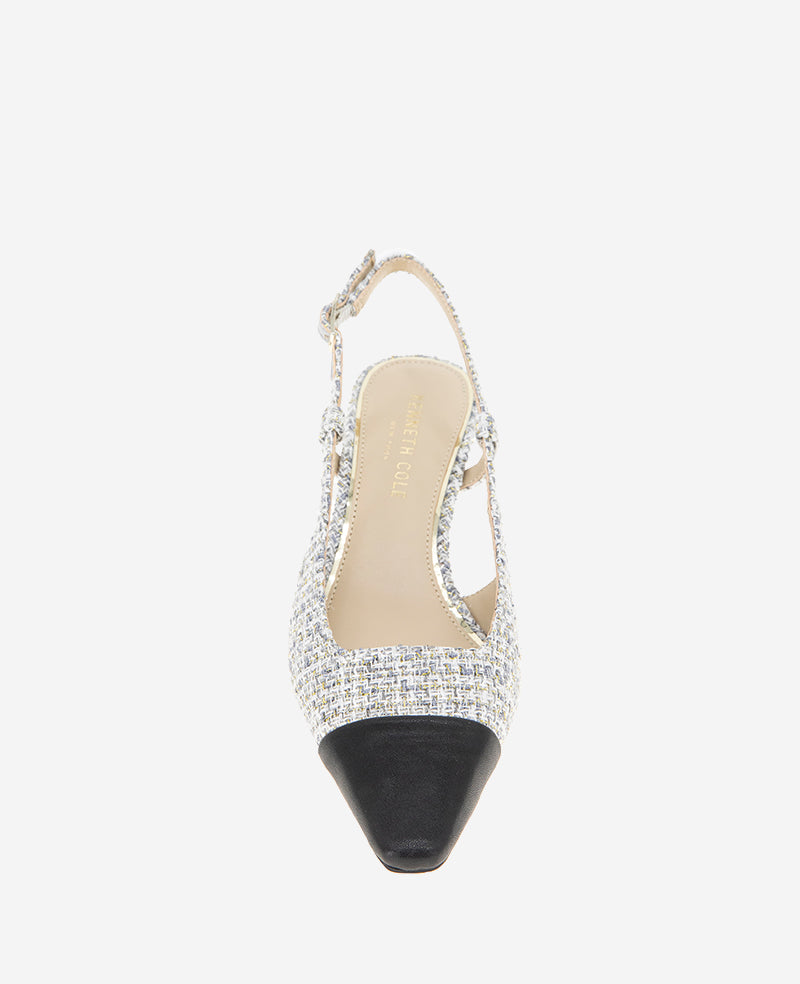 Martha Tweed Cap Toe Slingback Kitten Heel Grey Fabric