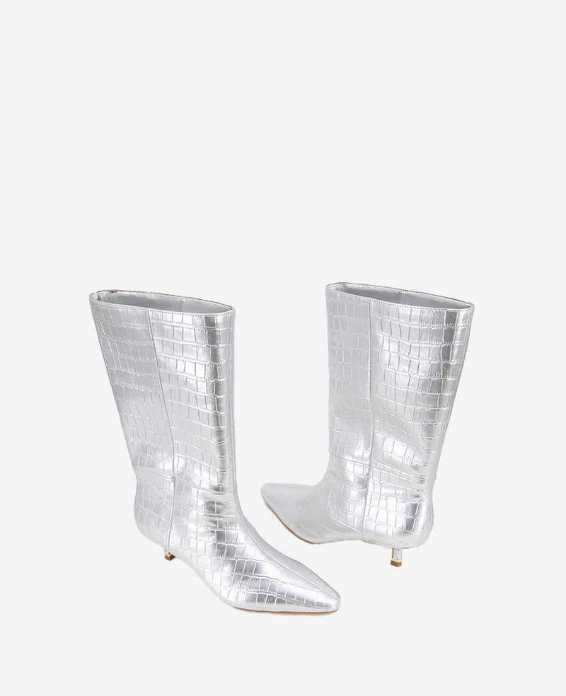 Meryl Leather Metallic Croco Bootie Silver Croco