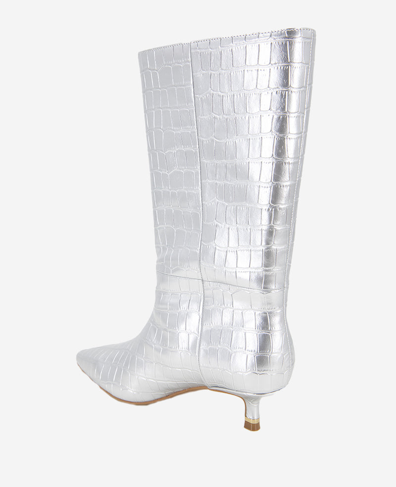 Meryl Leather Metallic Croco Bootie Silver Croco