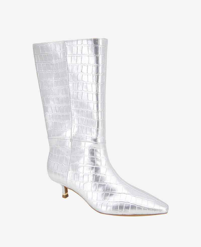 Meryl Leather Metallic Croco Bootie Silver Croco