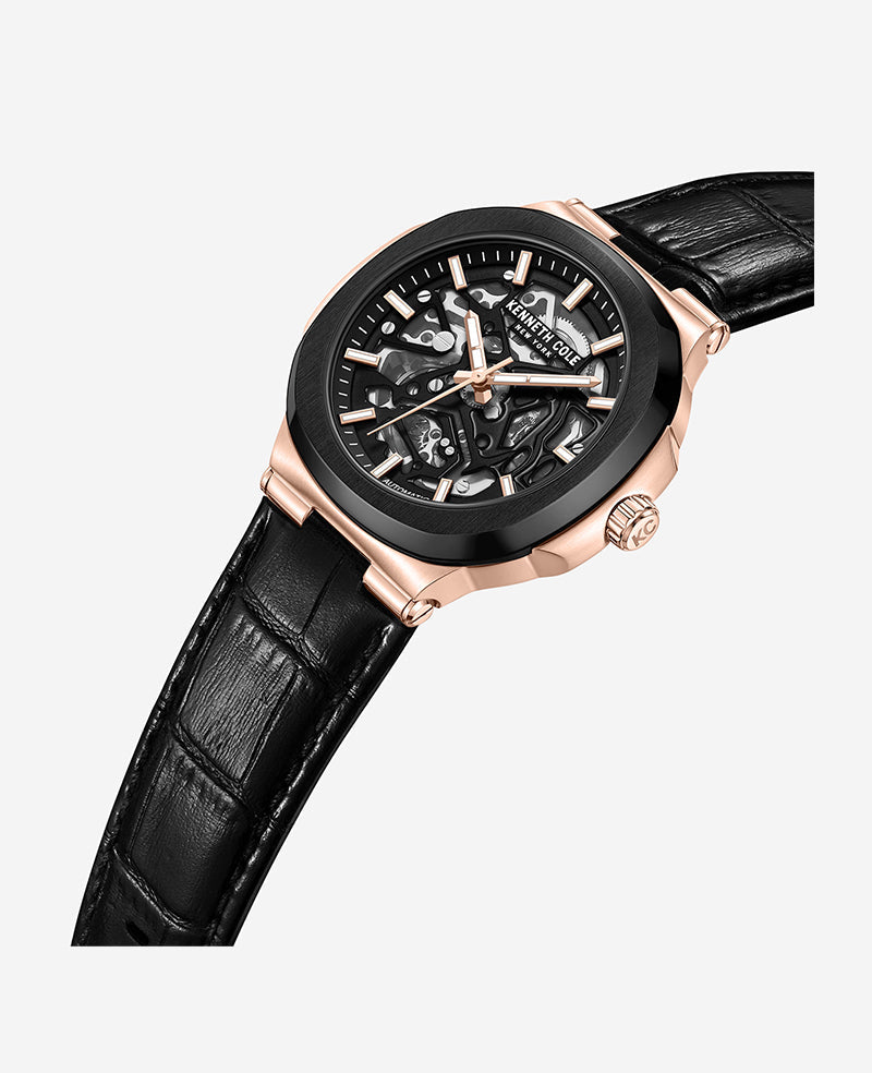 Skeleton Automatic Leather Strap Watch Black