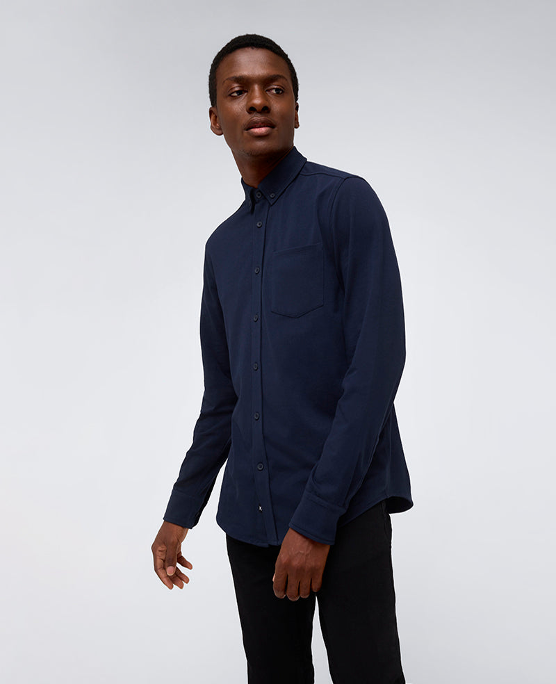 Long Sleeve Button Down Stretch Shirt with Pocket Navy