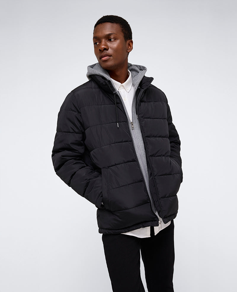 Puffer with Attached Jersey Hood Black