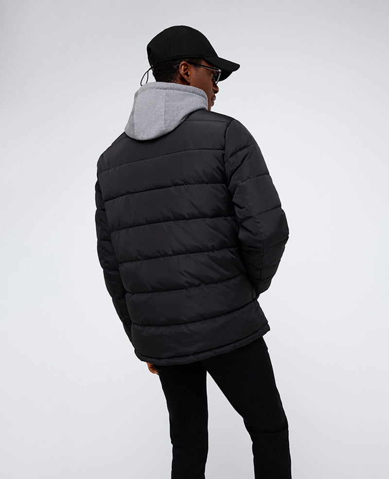 Puffer with Attached Jersey Hood Black