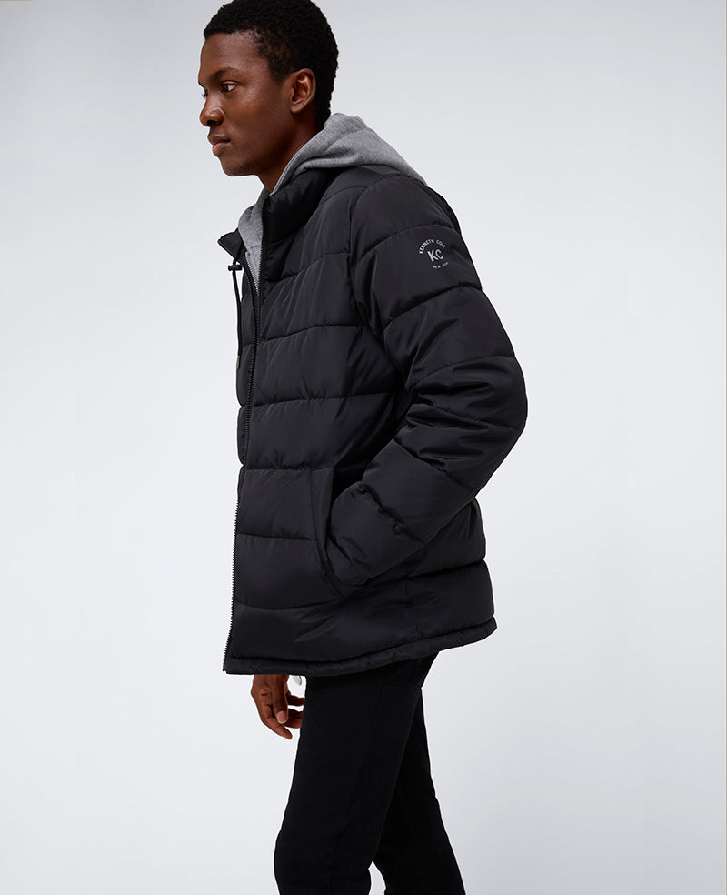 Puffer with Attached Jersey Hood Black