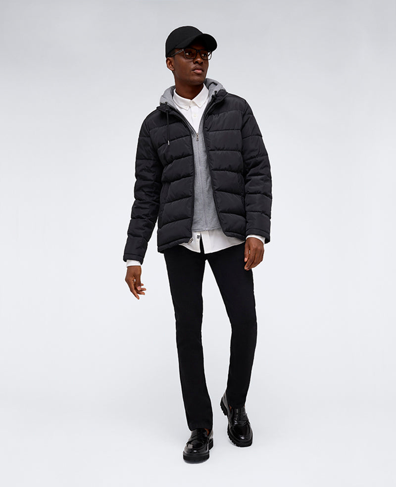 Puffer with Attached Jersey Hood Black