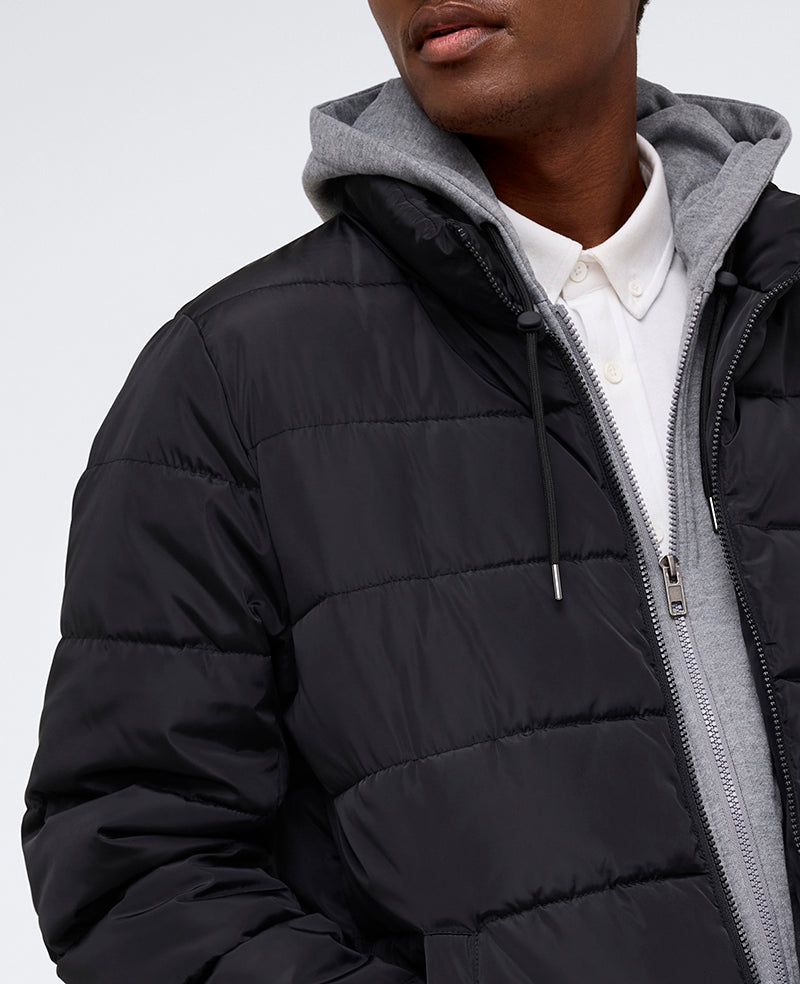 Puffer with Attached Jersey Hood Black