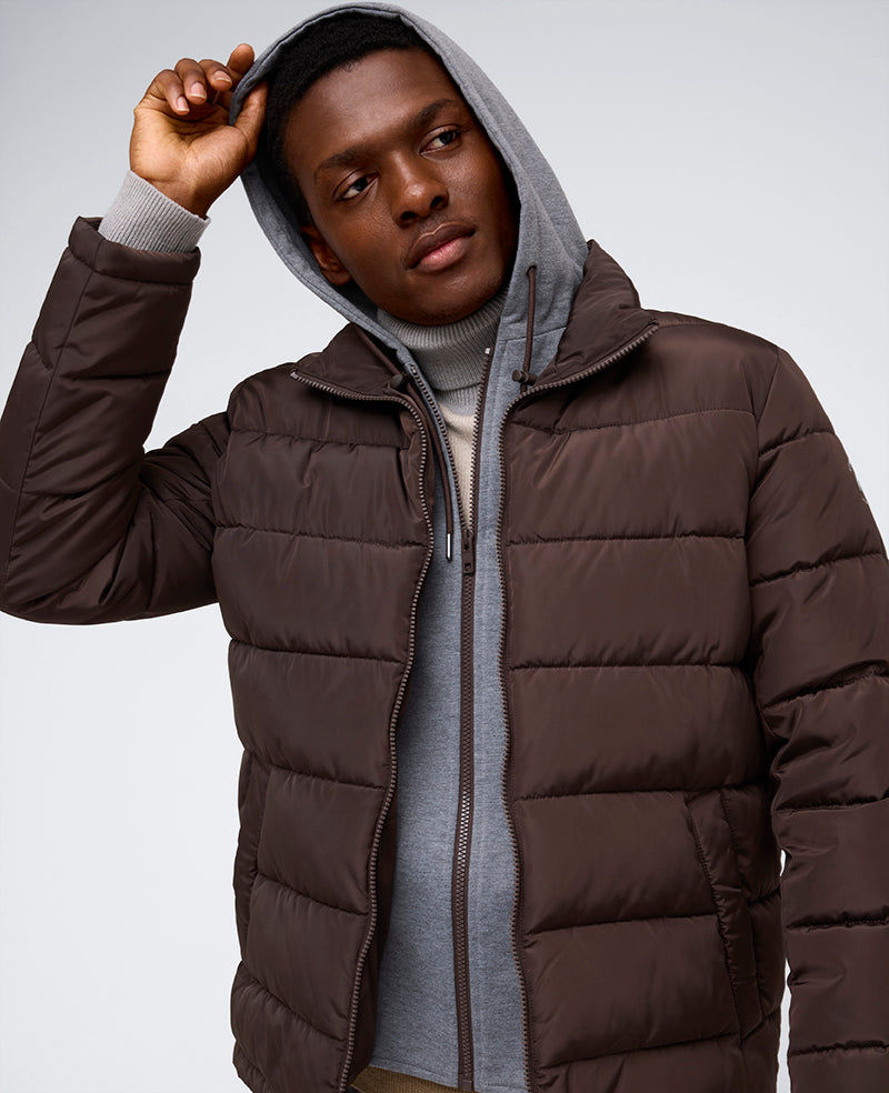 Puffer with Attached Jersey Hood Chocolate