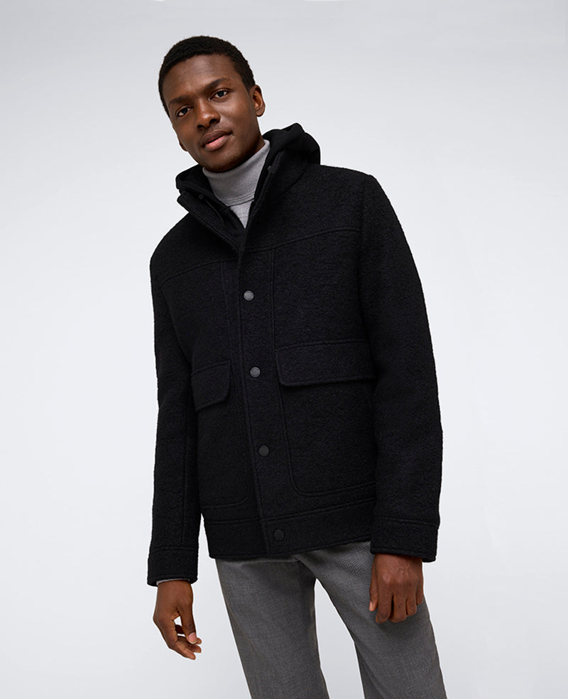 Boucle Wool Jacket with Attached Jersey Hood Black