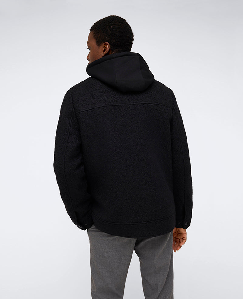 Boucle Wool Jacket with Attached Jersey Hood Black