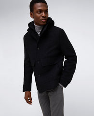Boucle Wool Jacket with Attached Jersey Hood Black