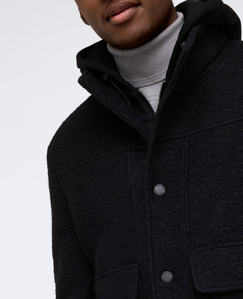 Boucle Wool Jacket with Attached Jersey Hood Black