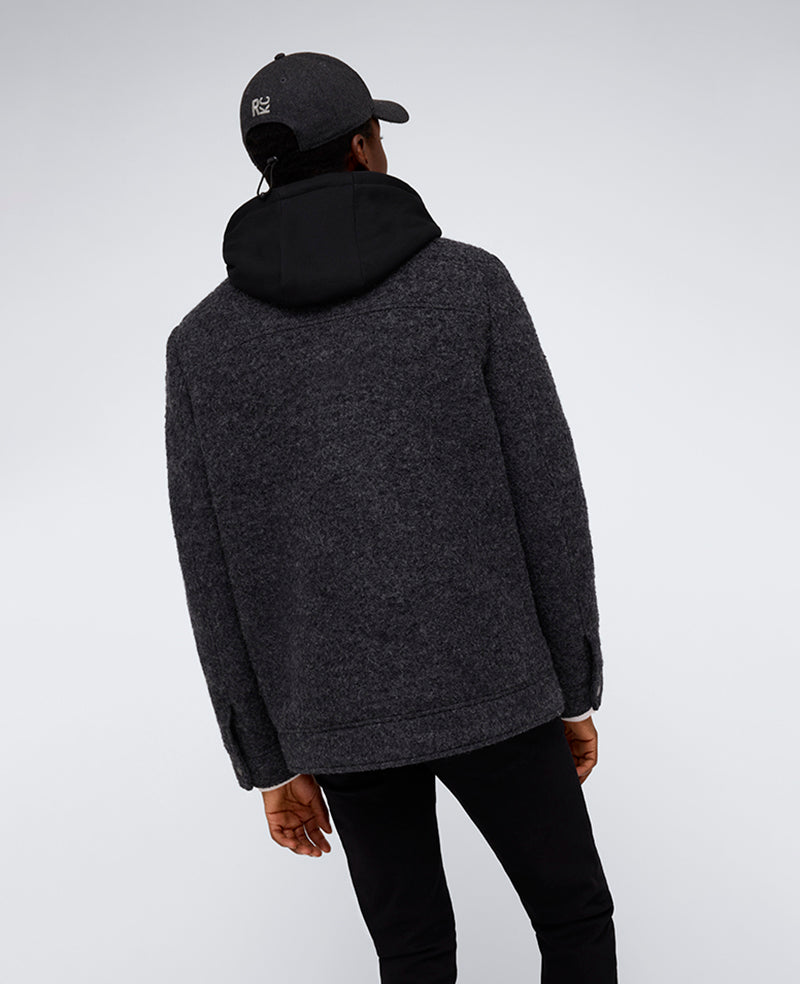 Boucle Wool Jacket with Attached Jersey Hood Charcoal
