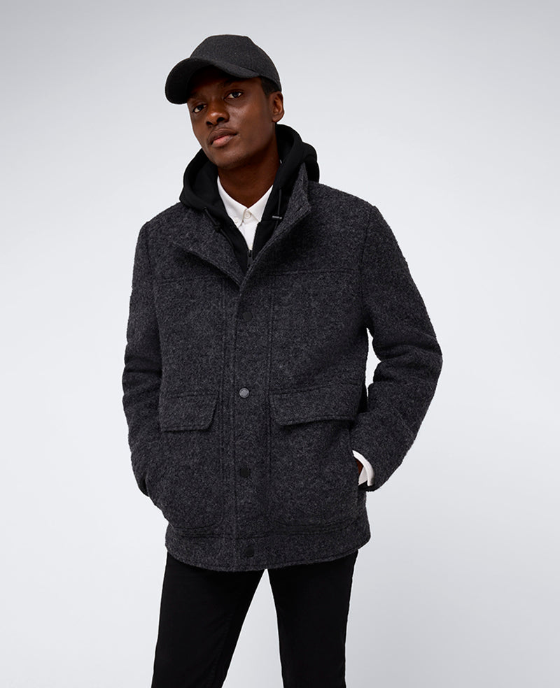 Boucle Wool Jacket with Attached Jersey Hood Charcoal