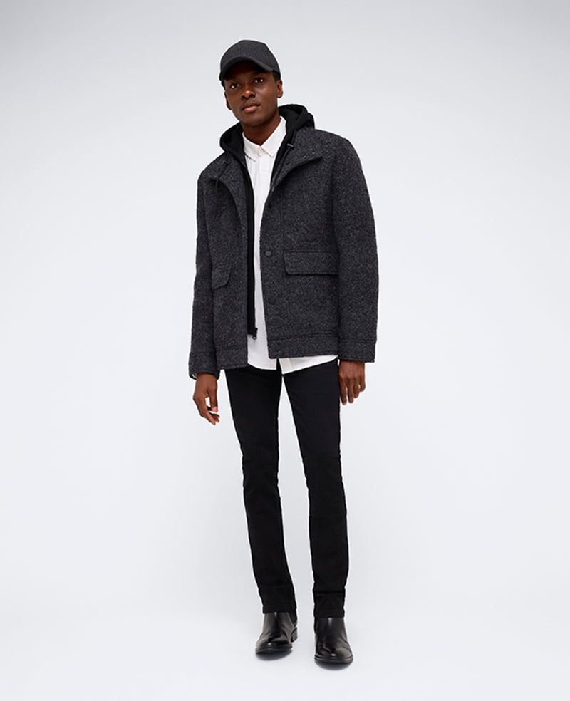 Boucle Wool Jacket with Attached Jersey Hood Charcoal