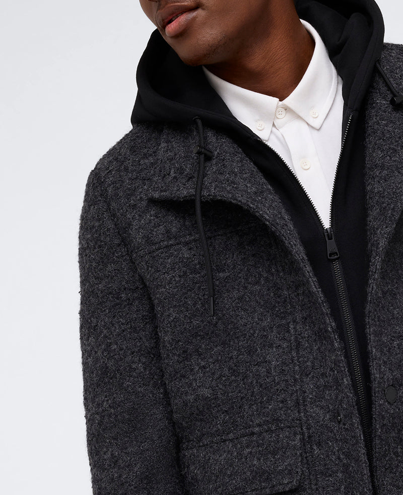 Boucle Wool Jacket with Attached Jersey Hood Charcoal