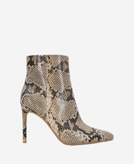 Quincy Snakeskin Leather Heel Ankle Bootie Taupe Snake
