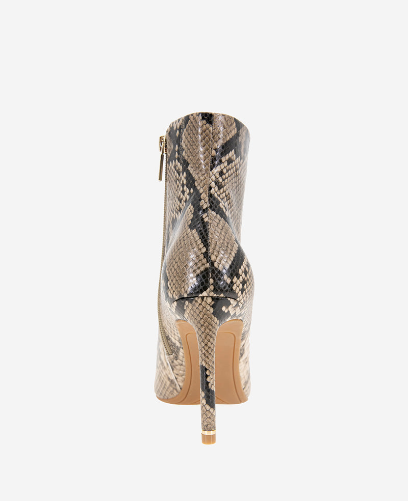 Quincy Snakeskin Leather Heel Ankle Bootie Taupe Snake