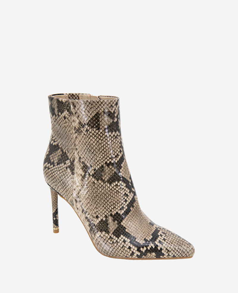 Quincy Snakeskin Leather Heel Ankle Bootie Taupe Snake