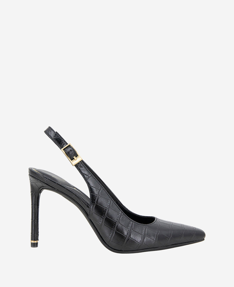 Quinnly Leather Croco Slingback Heel Black Croco
