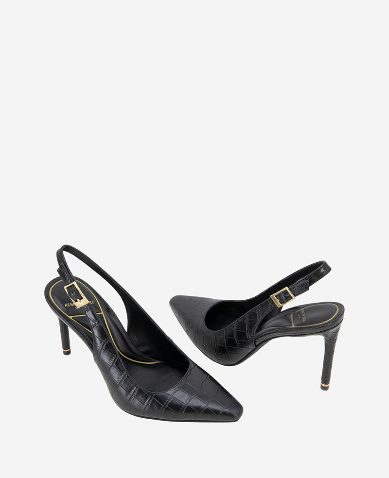 Quinnly Leather Croco Slingback Heel Black Croco
