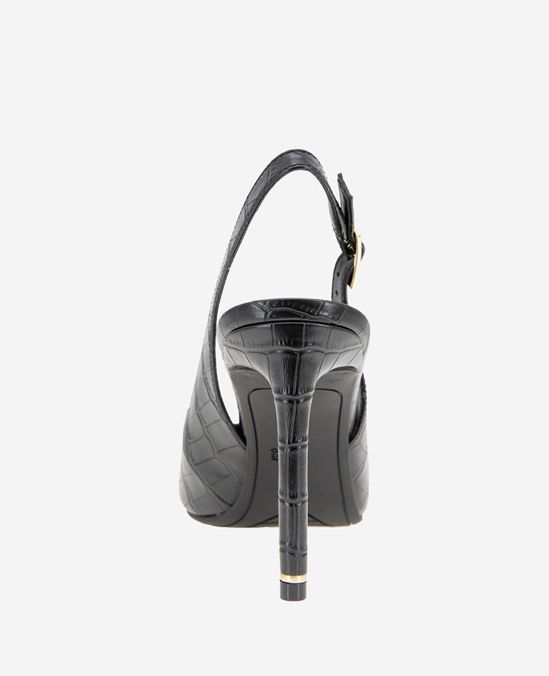 Quinnly Leather Croco Slingback Heel Black Croco