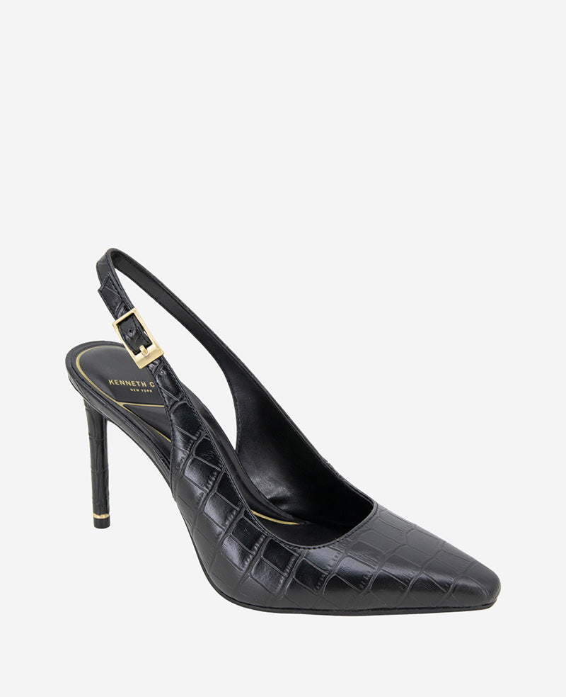 Quinnly Leather Croco Slingback Heel Black Croco