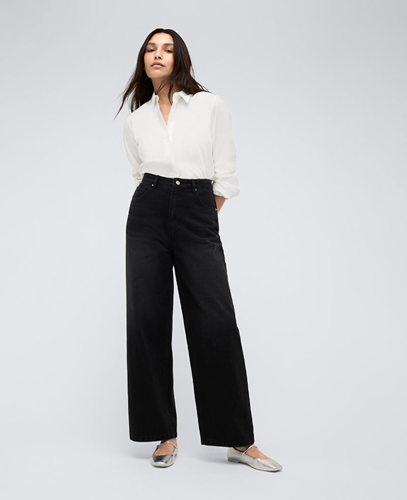 High Rise Barrel Leg Denim Jean Nik Wash