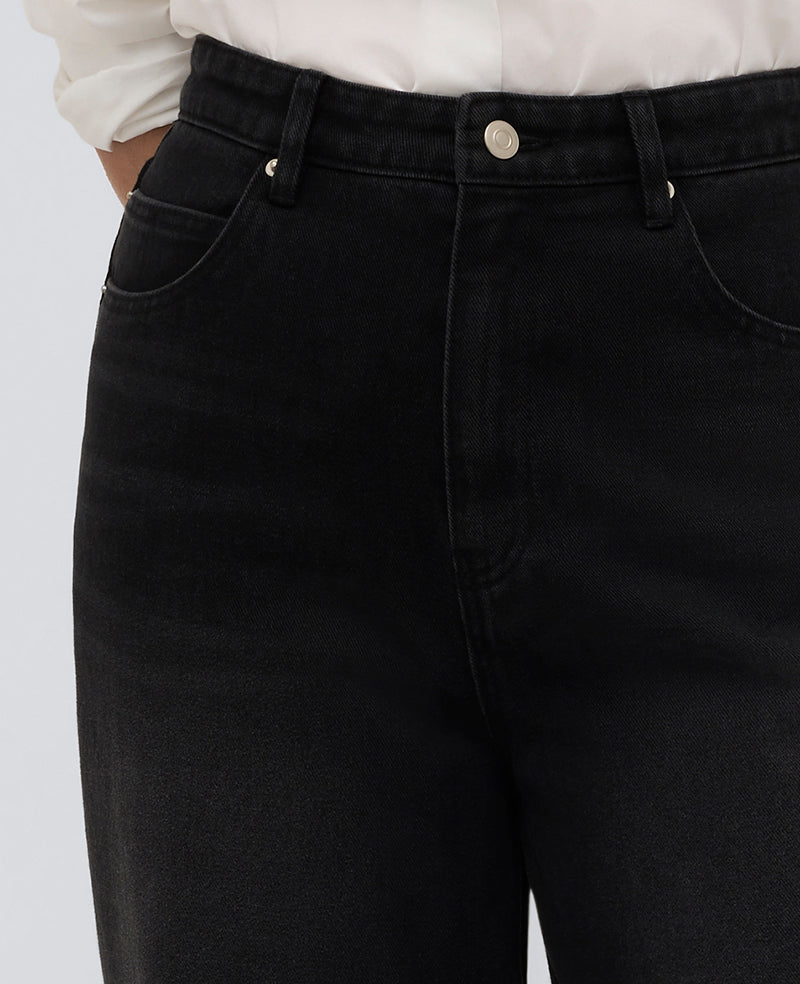 High Rise Barrel Leg Denim Jean Nik Wash