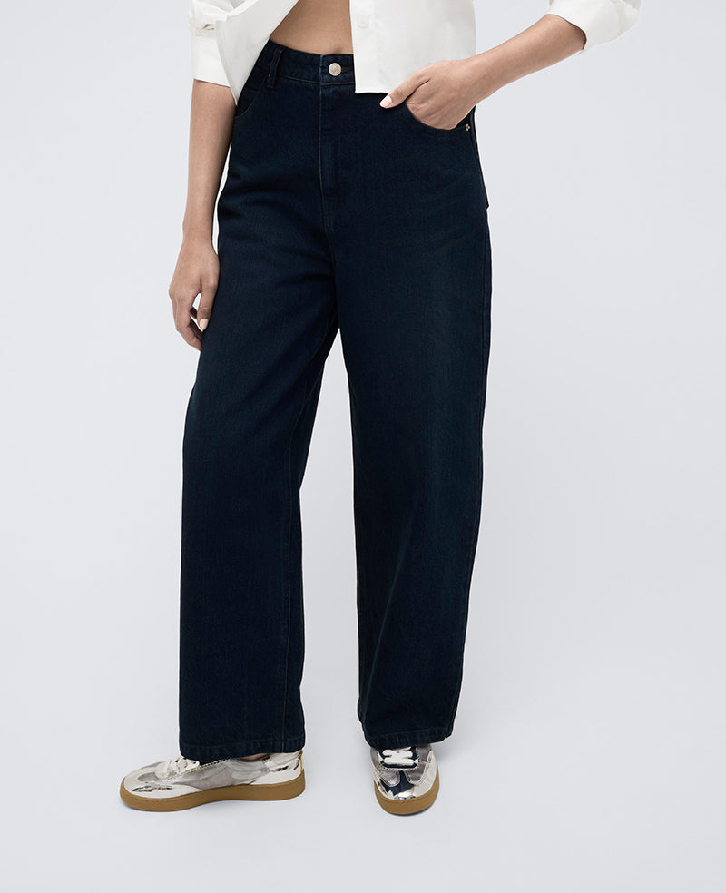 High Rise Barrel Leg Denim Jean Midnight Rinse Wash