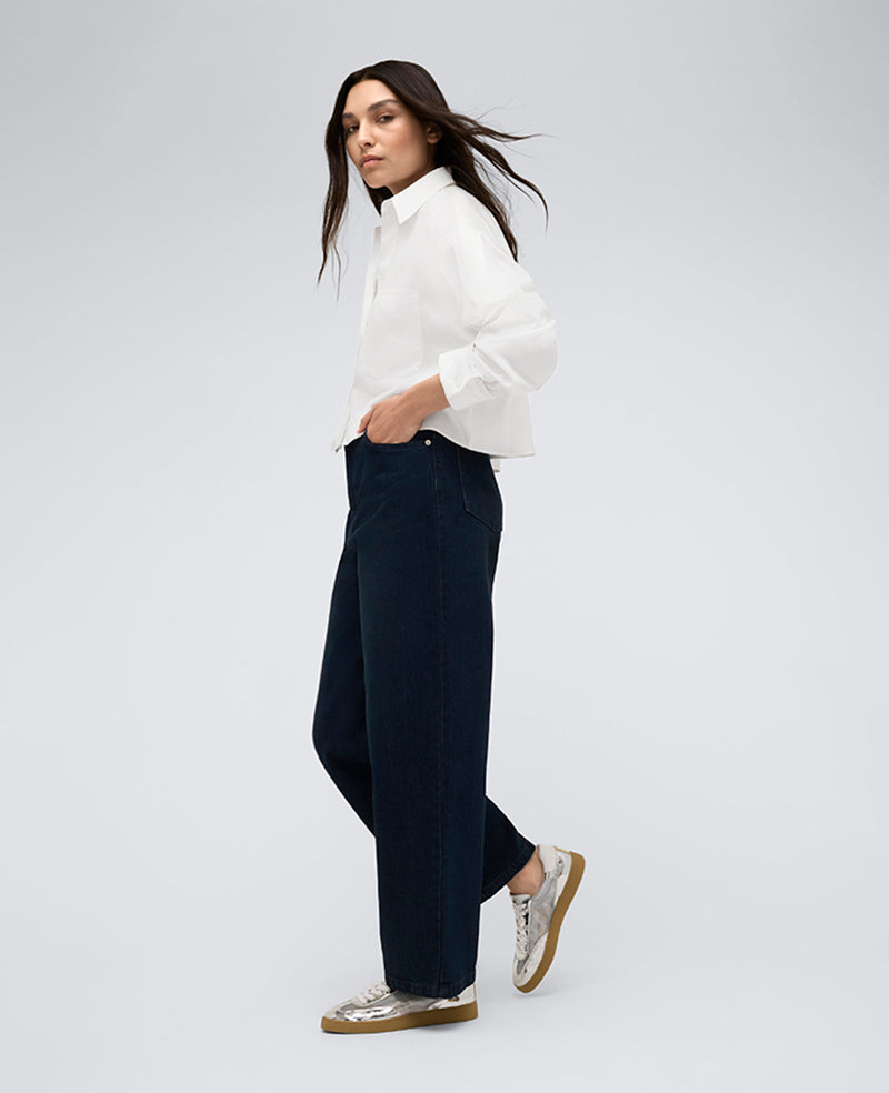 High Rise Barrel Leg Denim Jean Midnight Rinse Wash