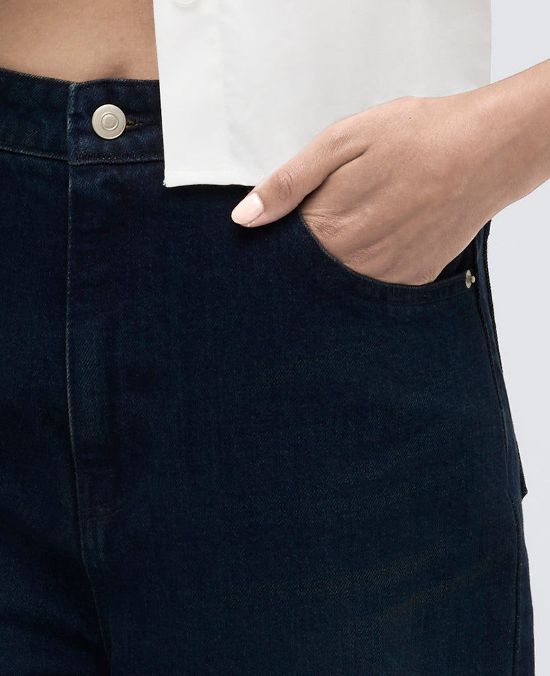 High Rise Barrel Leg Denim Jean Midnight Rinse Wash