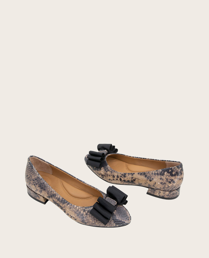 GENTLE SOULS - Atlas Snakeskin Leather Bow Flat Brown Snake Leather