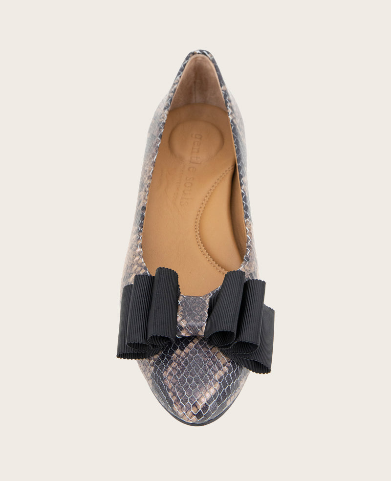 GENTLE SOULS - Atlas Snakeskin Leather Bow Flat Brown Snake Leather