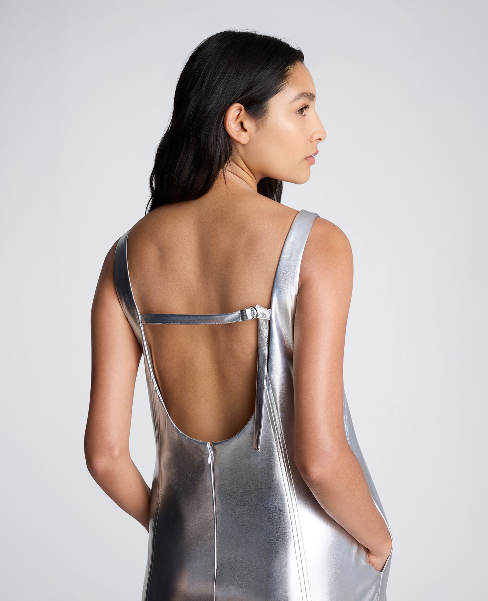 Vegan Metallic Open Back Strap Shift Dress Silver