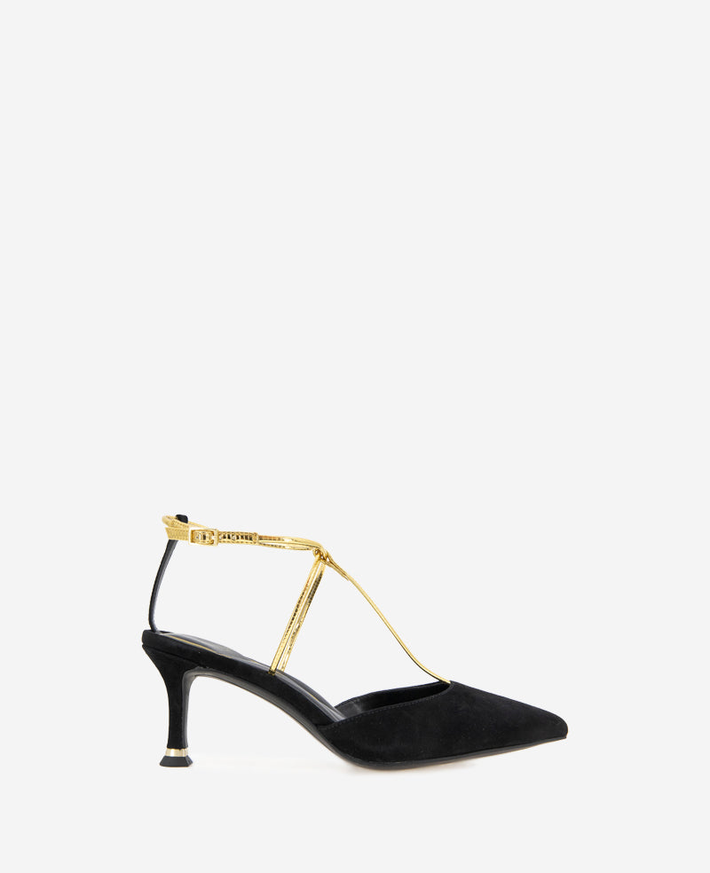 Umi T-Strap Suede Heel Black Suede