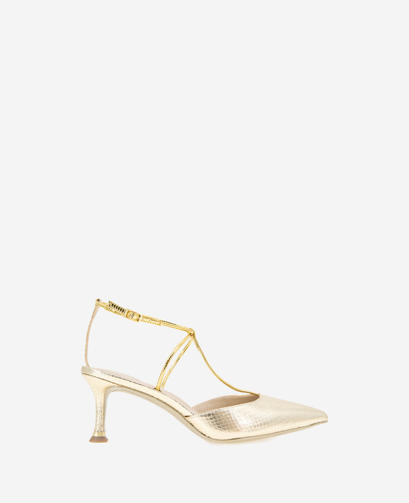 Umi T-Strap Metallic Heel Gold Snake