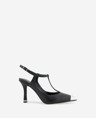 Romi T-Strap Leather Slingback Heel Black Leather