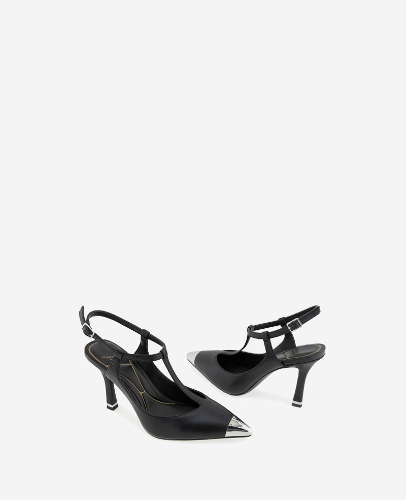 Romi T-Strap Leather Slingback Heel Black Leather