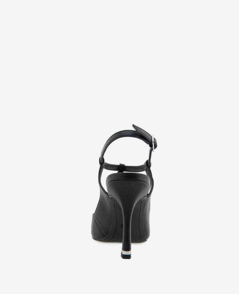 Romi T-Strap Leather Slingback Heel Black Leather