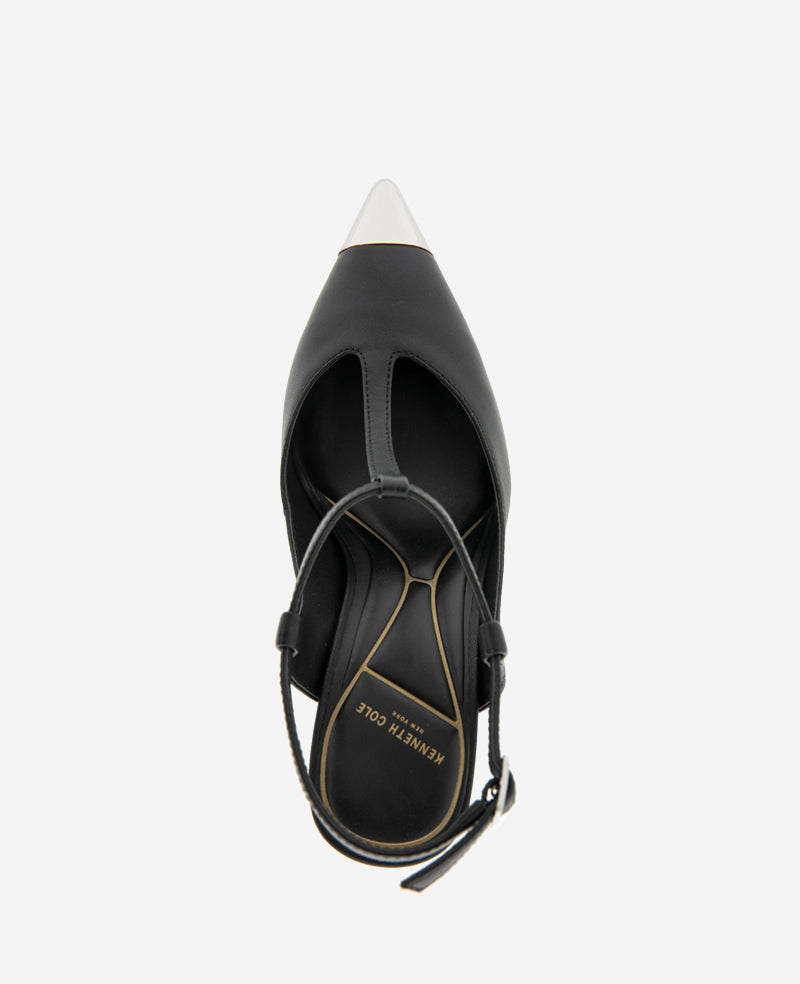 Romi T-Strap Leather Slingback Heel Black Leather