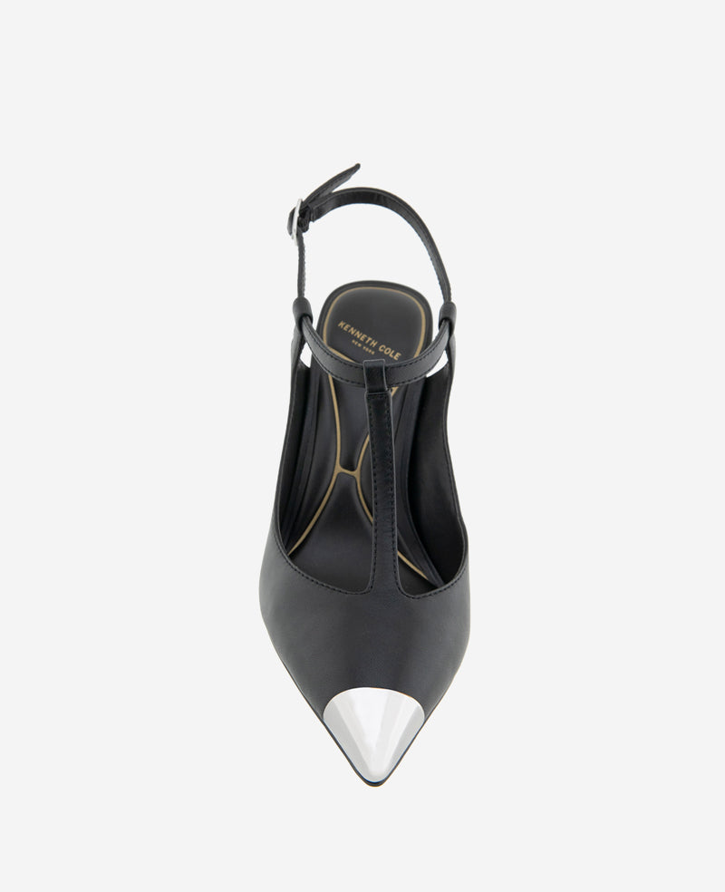 Romi T-Strap Leather Slingback Heel Black Leather