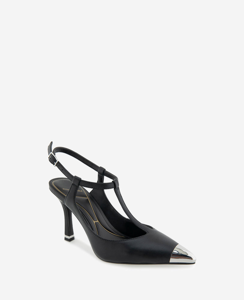 Romi T-Strap Leather Slingback Heel Black Leather