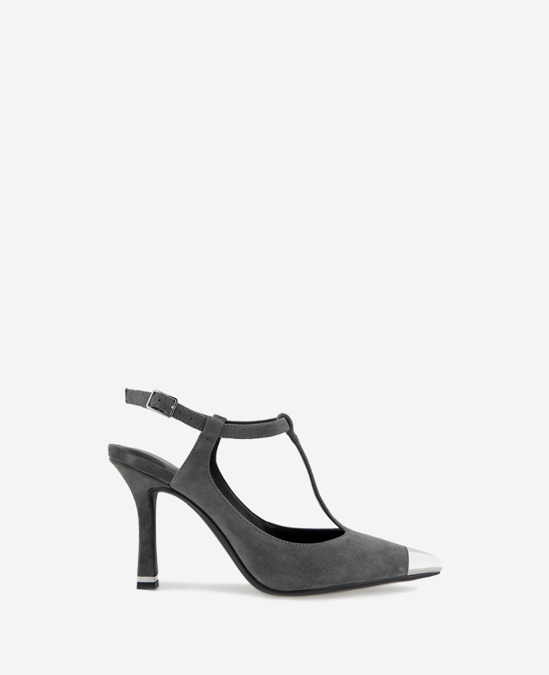 Romi T-Strap Suede Slingback Heel Dark Grey Suede