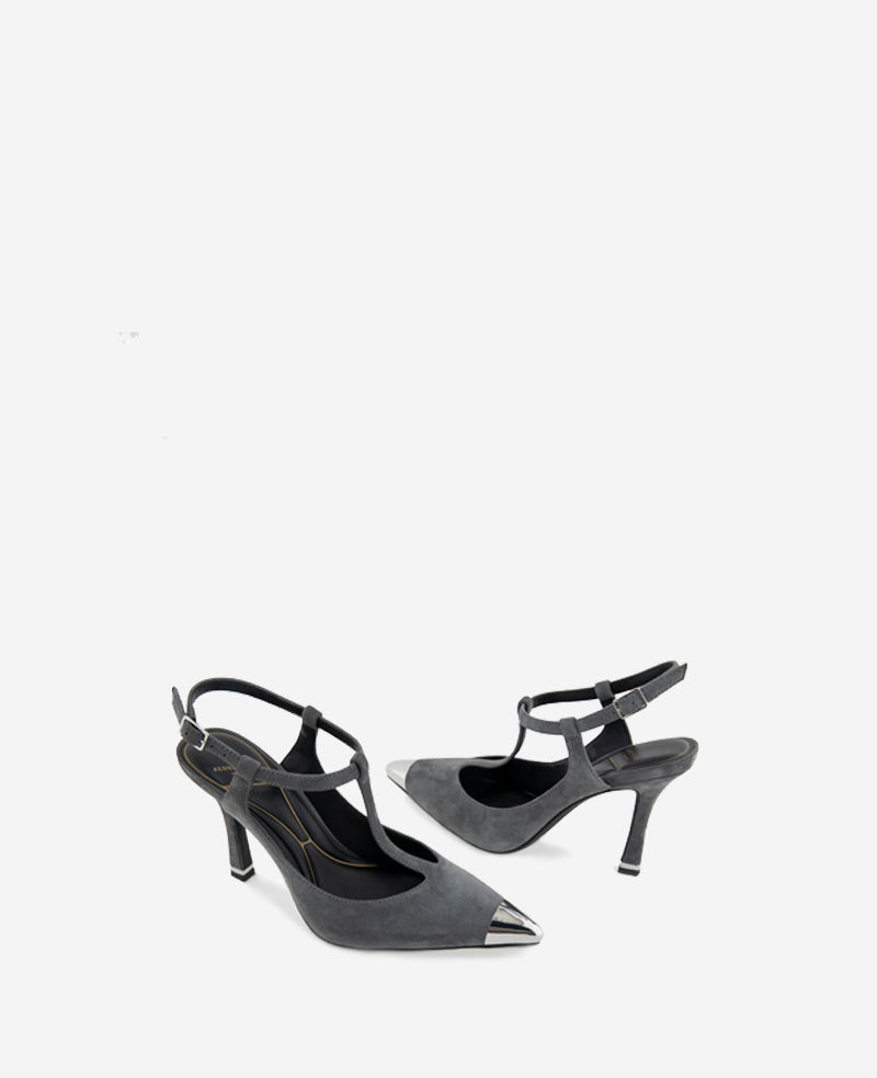 Romi T-Strap Suede Slingback Heel Dark Grey Suede