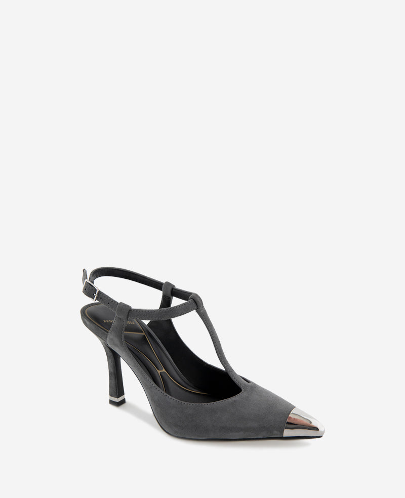 Romi T-Strap Suede Slingback Heel Dark Grey Suede