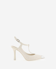 Romi T-Strap Leather Slingback Heel Off White Leather
