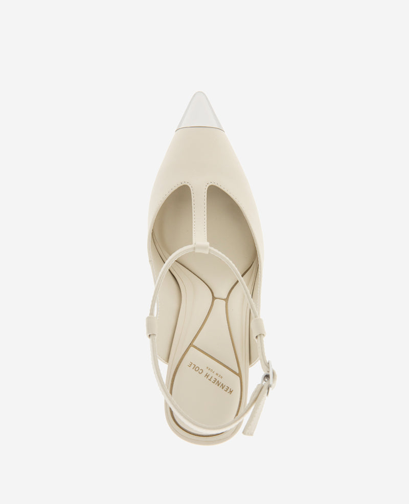 Romi T-Strap Leather Slingback Heel Off White Leather