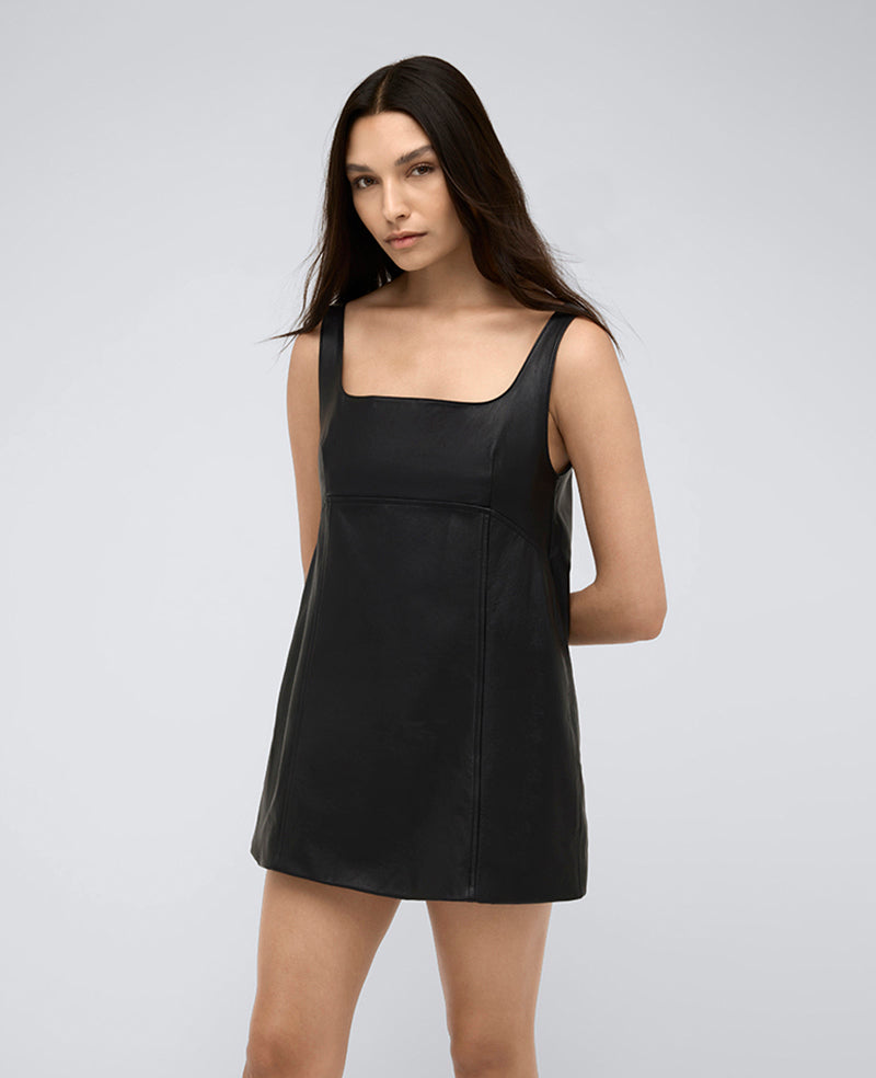 Site Exclusive! Leather Open Back Strap Shift Dress Black